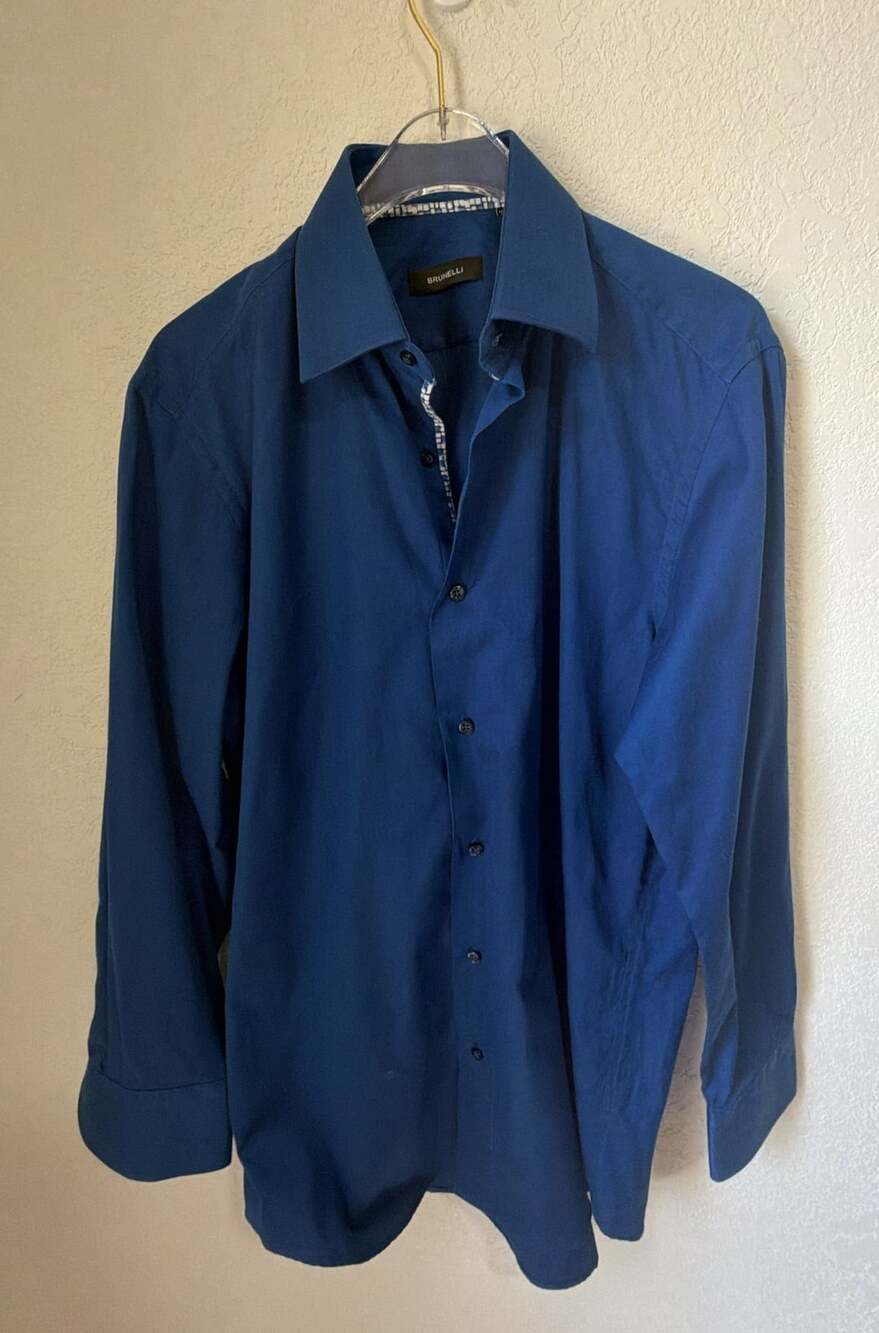 Brunelli Button Up Dress Shirt Size 15.5 Blue Herringbone Long Sleeve